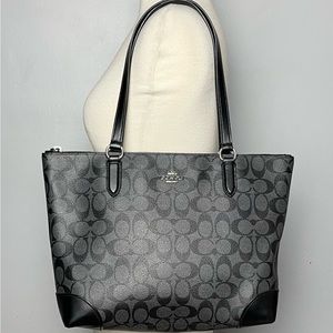 Graphite Signature Logo Black Canvas City Tote Shoulder Handbag COACH